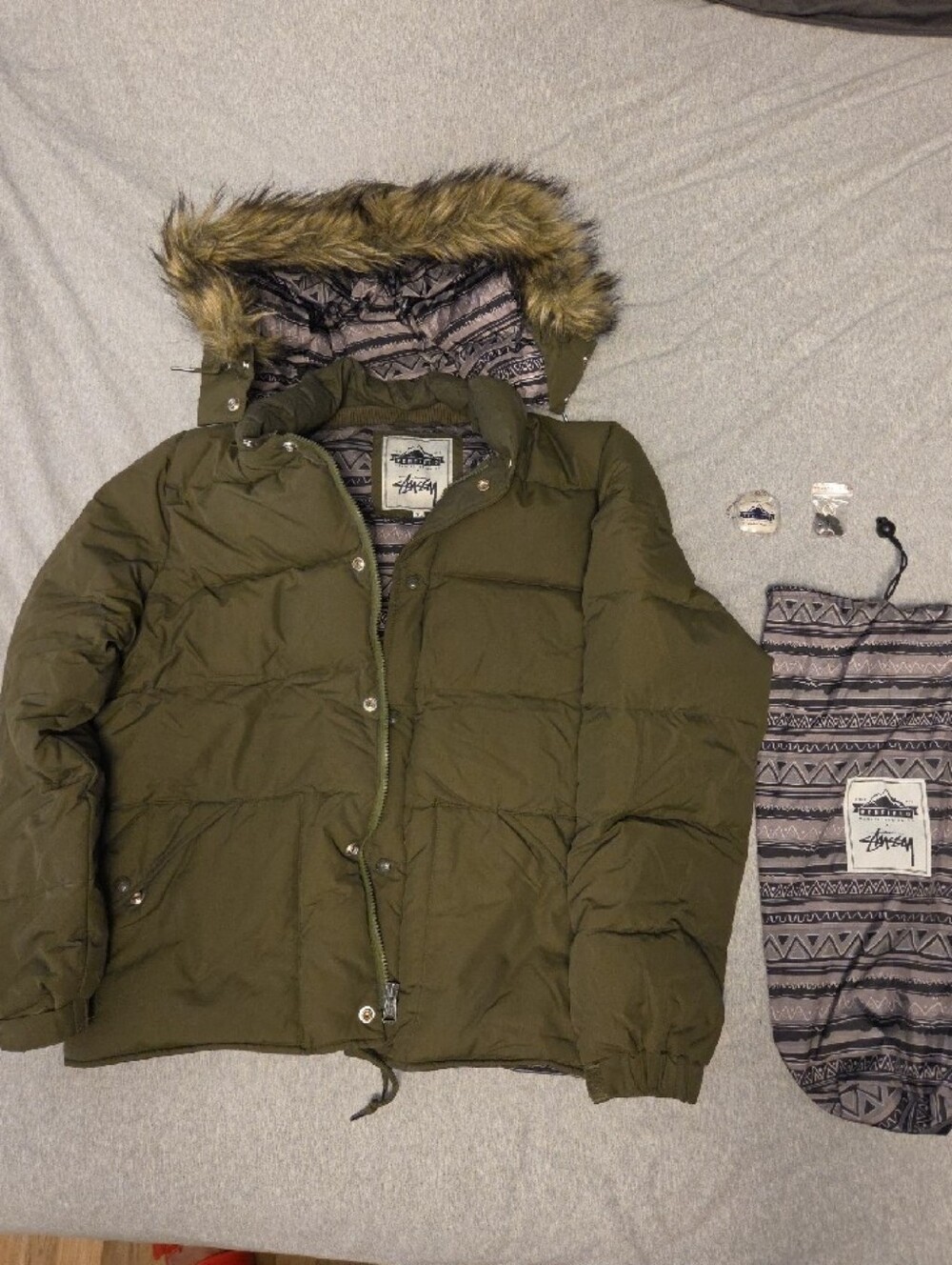 Stussy x Penfield Men's Olive Puffer Jacket with Removable Hood
